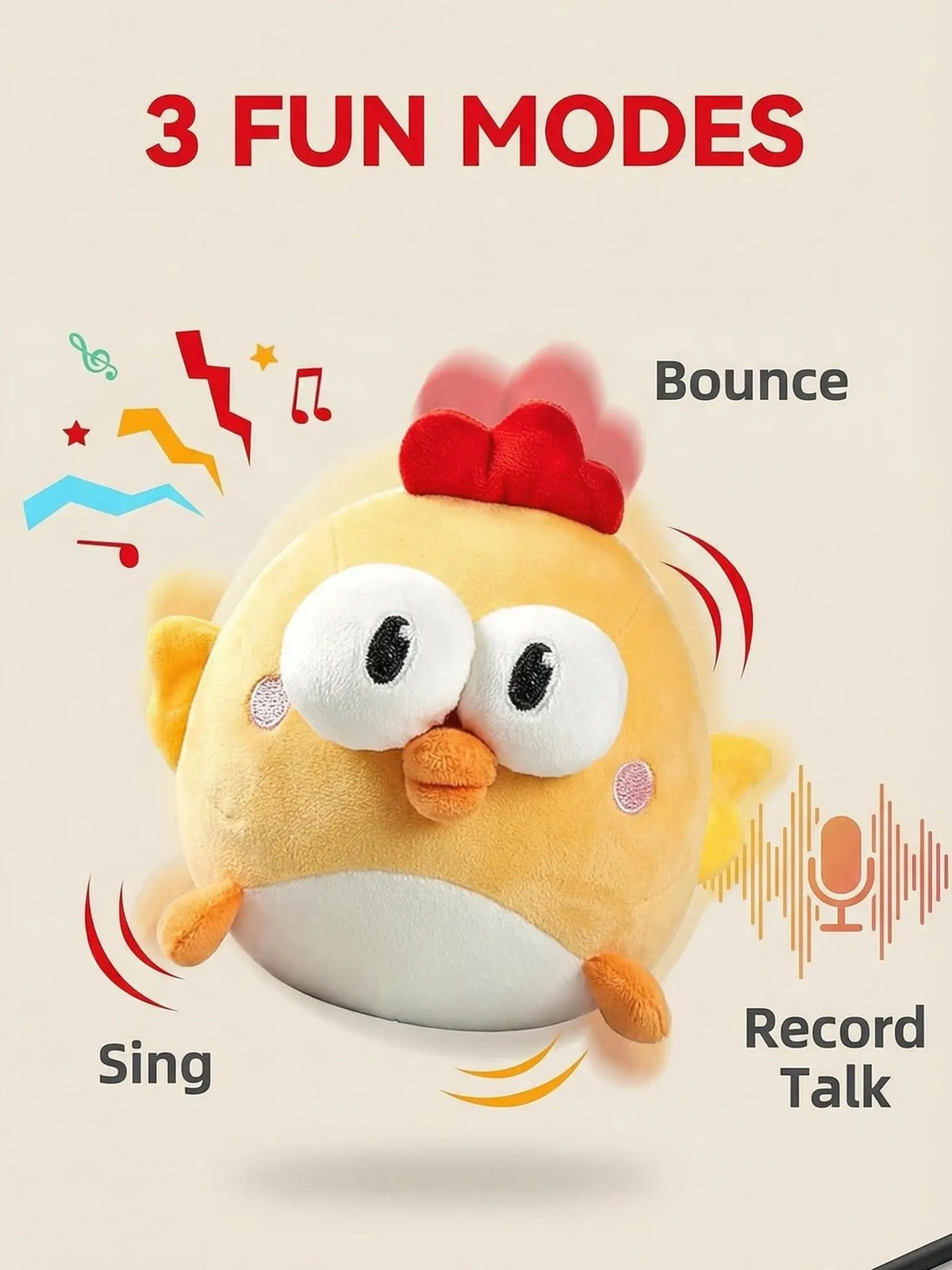 3-In-1 Interactive Dog Toy Ball - Soft Plush Cover, Recordable Singing, Bouncing Mode, 3 Modes, Rechargeable Motion-Activated, Removable Machine Washable, Built-In Crinkle Paper, Gentle on Teeth, Mental Stimulation for Small-Medium Dogs Indoor Solo Play