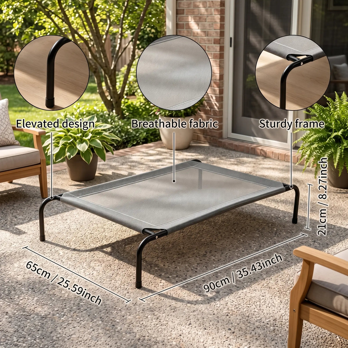Petitrinu Classic Raised Dog Bed with Metal Raised Frame - Textilene Stretch Mesh Fabric, Cooling, Breathable, Moisture Proof, Joint Relief for Medium/Large Dogs, 2 Sizes (47.24In×31.89In×9.45In/35.43In×25.59In×8.27In) Pet Cot Sohochic