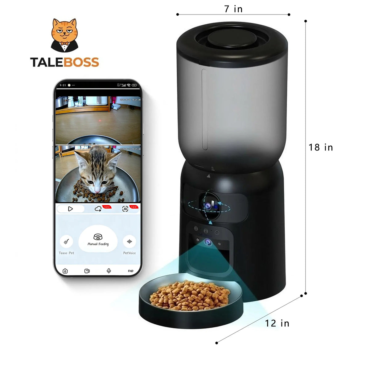 Taleboss Smart Automatic Cat Feeder with Camera, 5L Capacity, Laser Toy, 1080P HD, App Control, Night Vision, Dual Band Wifi, Two-Way Audio