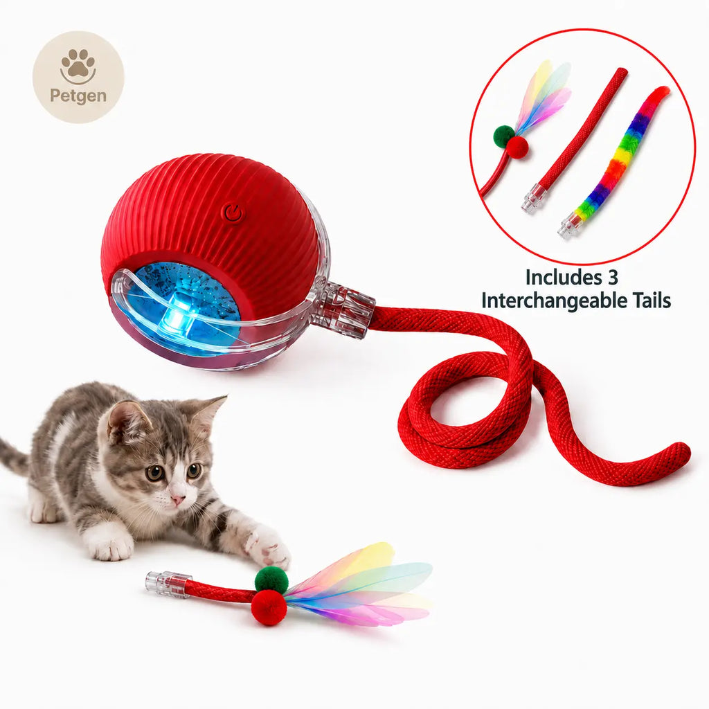 3-In-1 Smart Cat Toy Ball - Automatic Interactive Cat Toy with 3 Interchangeable Silicone Shell Tails, Universal Fit Set with Extra Tail, Supports Chase Stimulation to Reduce Boredom