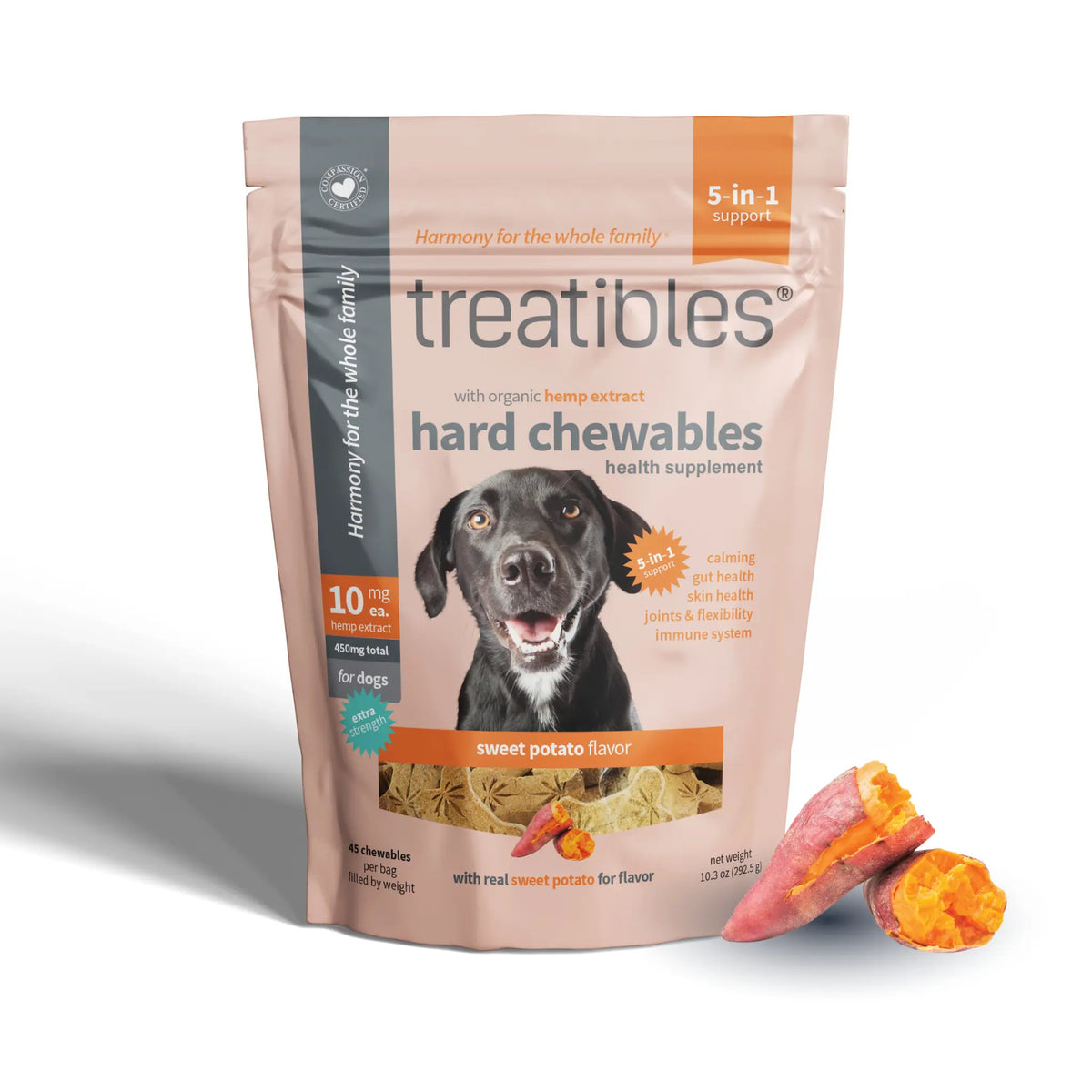 Treatibles Extra Strength Sweet Potato Flavored Hard Chewable Calming Supplement for Dogs, 10-Mg, 45 Count