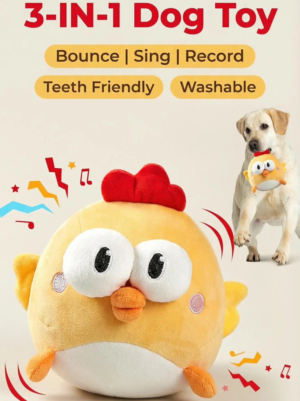 3-In-1 Interactive Dog Toy Ball - Soft Plush Cover, Recordable Singing, Bouncing Mode, 3 Modes, Rechargeable Motion-Activated, Removable Machine Washable, Built-In Crinkle Paper, Gentle on Teeth, Mental Stimulation for Small-Medium Dogs Indoor Solo Play