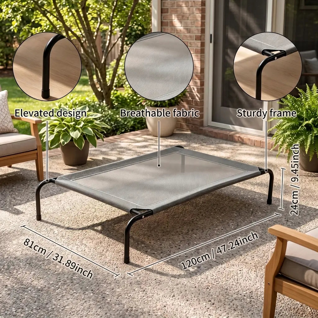 Petitrinu Classic Raised Dog Bed with Metal Raised Frame - Textilene Stretch Mesh Fabric, Cooling, Breathable, Moisture Proof, Joint Relief for Medium/Large Dogs, 2 Sizes (47.24In×31.89In×9.45In/35.43In×25.59In×8.27In) Pet Cot Sohochic