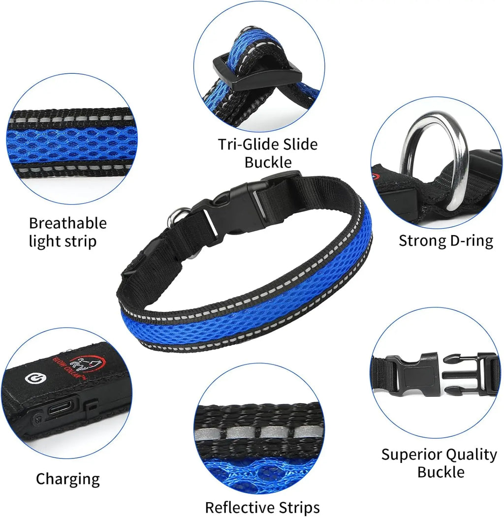 High-Visibility LED Safety Glow Dog Collar - USB Rechargeable, Adjustable Soft Mesh, Durable & Comfortable, 3 Light Modes (Quick Flash Mode Included), Camping Use, Night Visibility, 5 Sizes (XS-XL) for Small/Large Dogs, See Your Pup at Night