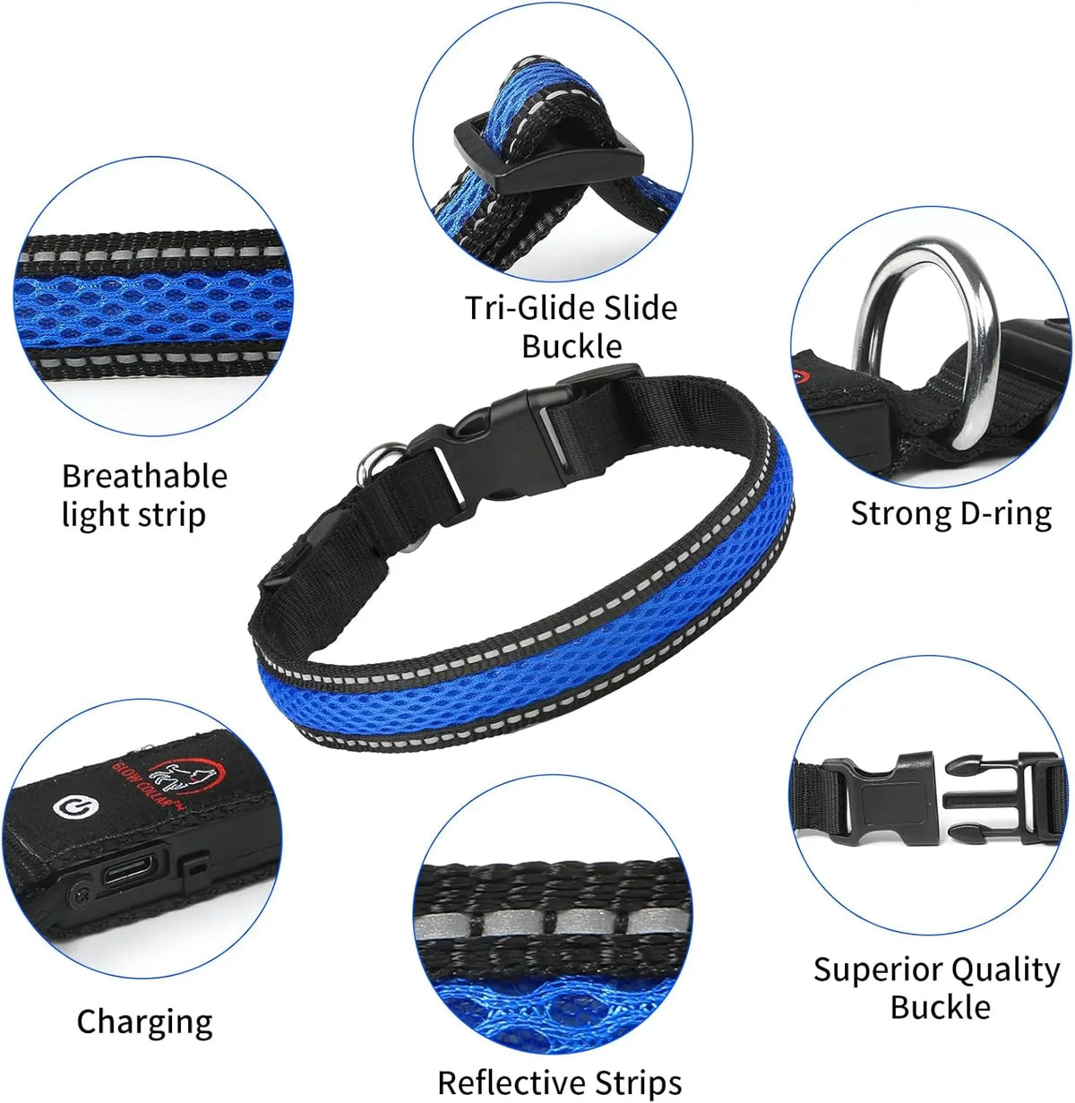 High-Visibility LED Safety Glow Dog Collar - USB Rechargeable, Adjustable Soft Mesh, Durable & Comfortable, 3 Light Modes (Quick Flash Mode Included), Camping Use, Night Visibility, 5 Sizes (XS-XL) for Small/Large Dogs, See Your Pup at Night